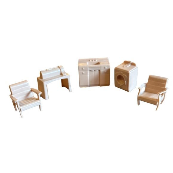 Marx Dollhouse Furniture Set Washer Chairs Sink Sewing Machine Beige Vintage - Picture 1 of 8